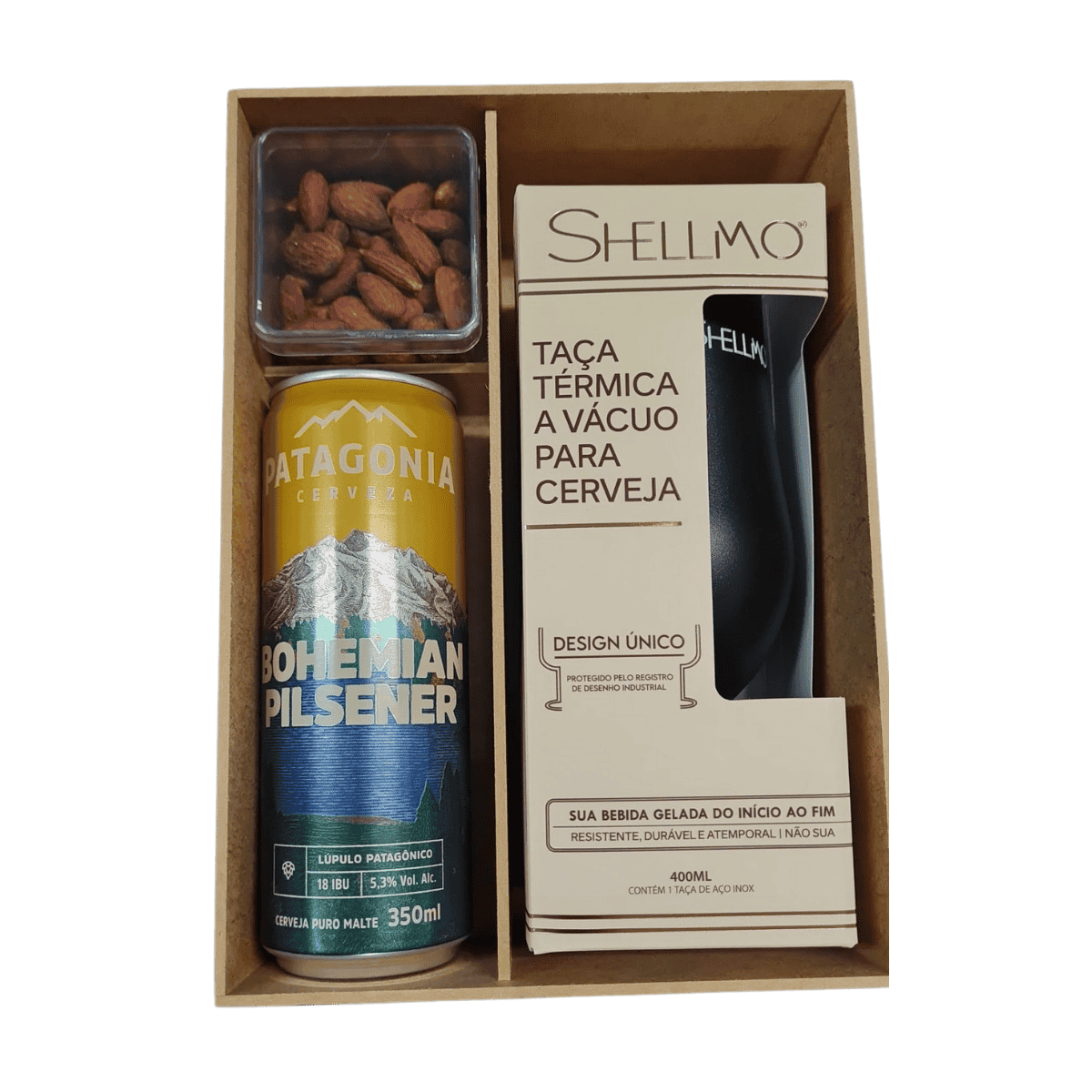 Kit Presente - Caixa de Madeira + Taça Térmica para Cerveja + Cerveja